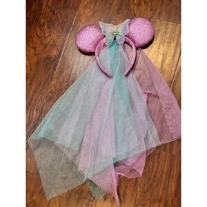 Disney Parks Princess Minnie Mouse Ears Butterfly Sparkle Tulle Veil Pink Teal